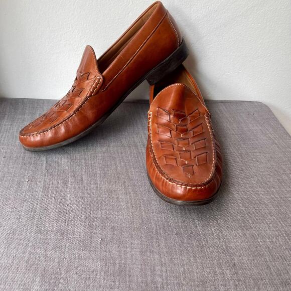 Johnston & Murphy Leather Loafers Size 12 Cognac Brown Cresswell Woven Venetian - Picture 1 of 9